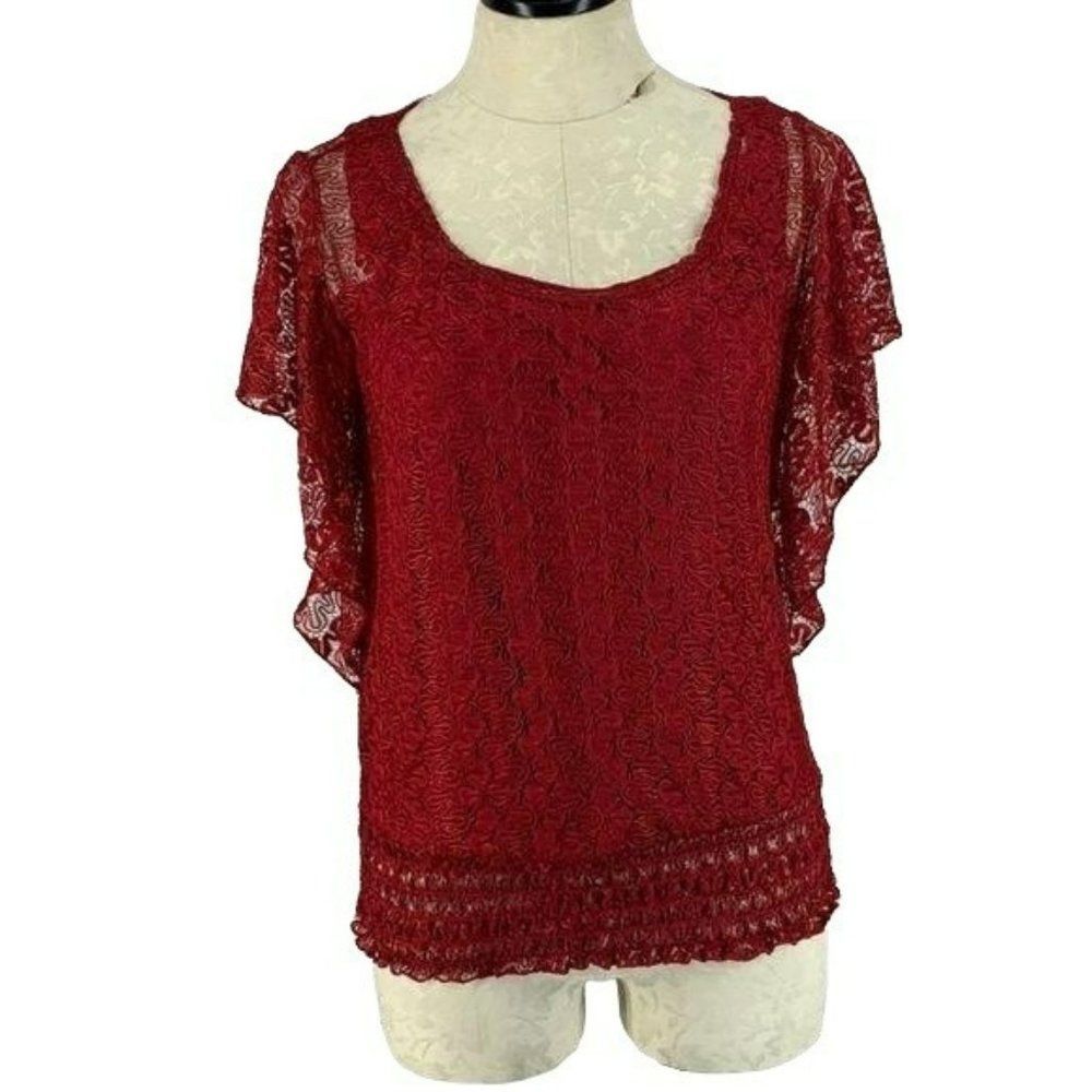 Lavish Woman's Blouse Burgundy Lace Layered Size Medium NEW